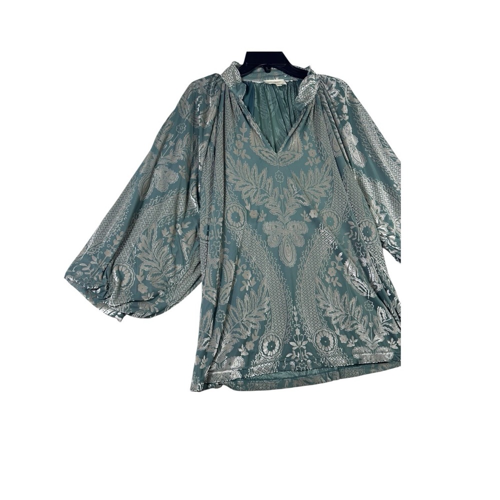 Umgee 1XL Sage Green Metallic Floral Boho Peasant Blouse Balloon Sleeve Top - Picture 2 of 13